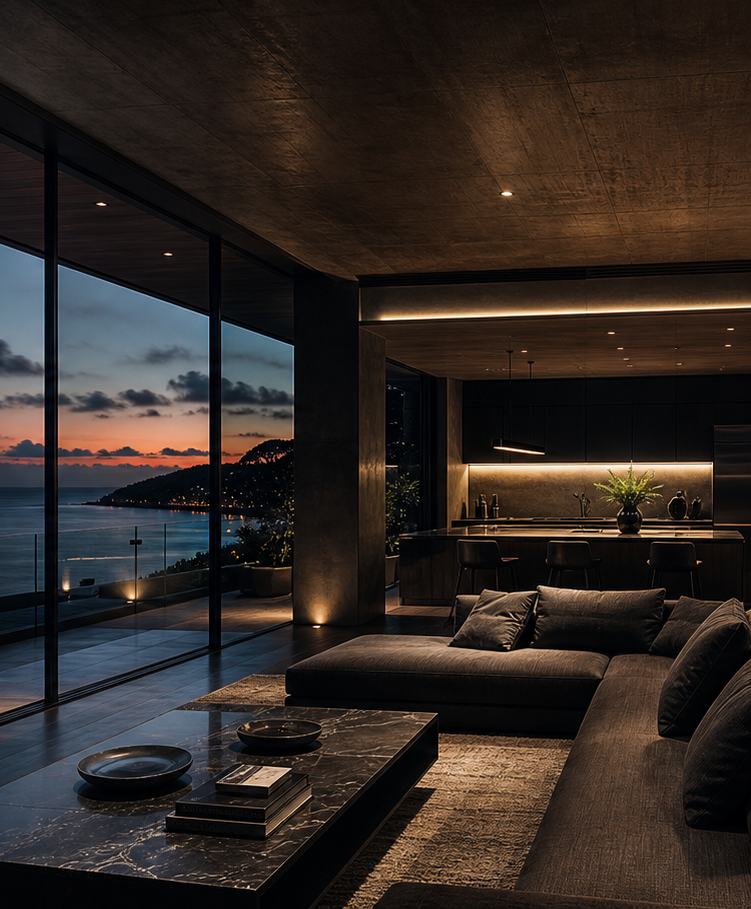 Living room of a villa at dusk, glass walls open to the sea